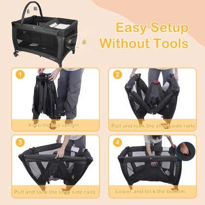 3 in 1 Pack and Play, Baby Bassinet, Changing Tabler - Portable Baby Playpen for Babies and Toddlers, Foldable Playard with Locking Wheels & Storage Diaper Basket(Black)