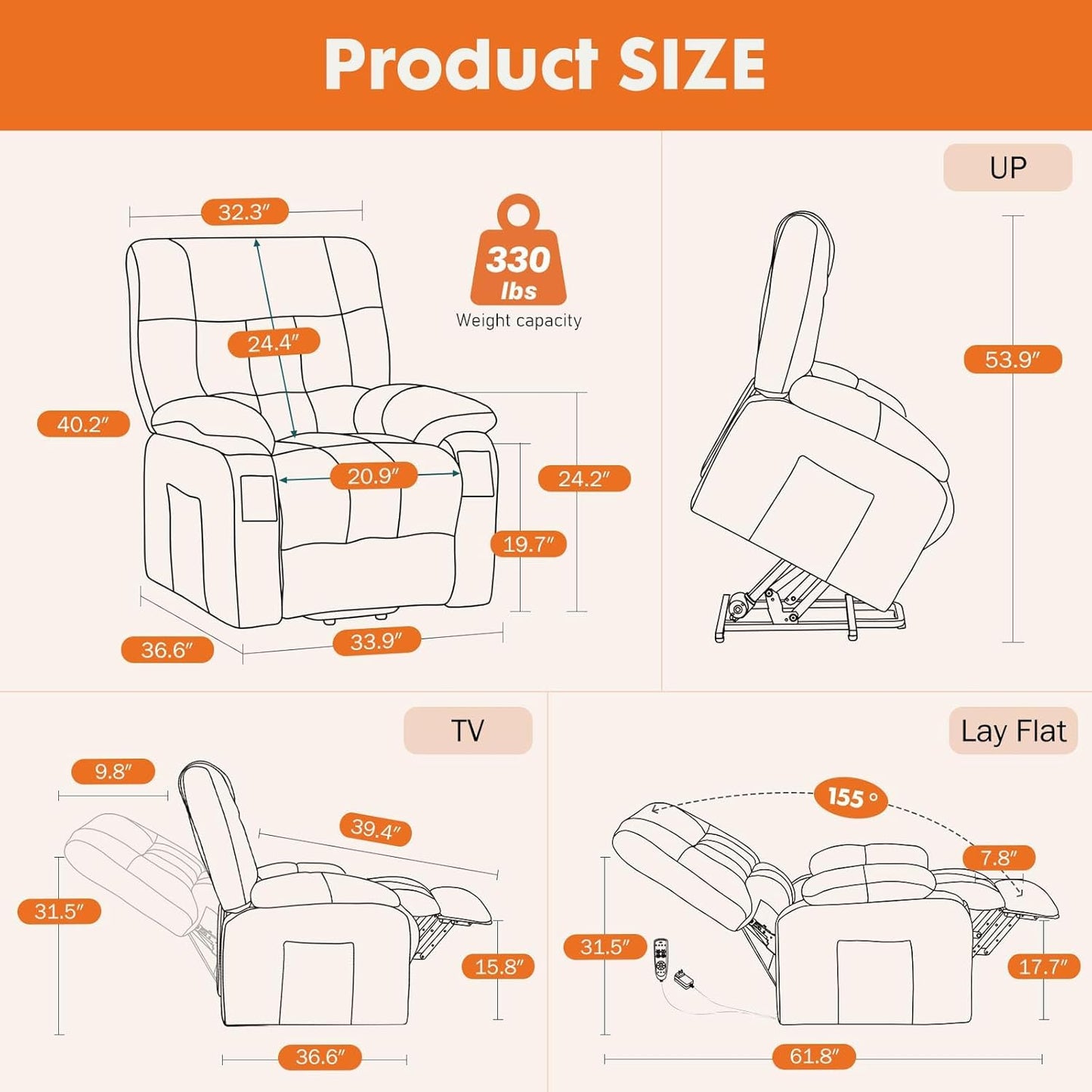 Power Lift Recliner Chair for Adult with Heated and Full Body Massage, Glider Nursery Chair with Cup Holder and USB Charge Port, Oversided Swivel Rocker Recliner for Living/Study/Bedroom Room, Grey