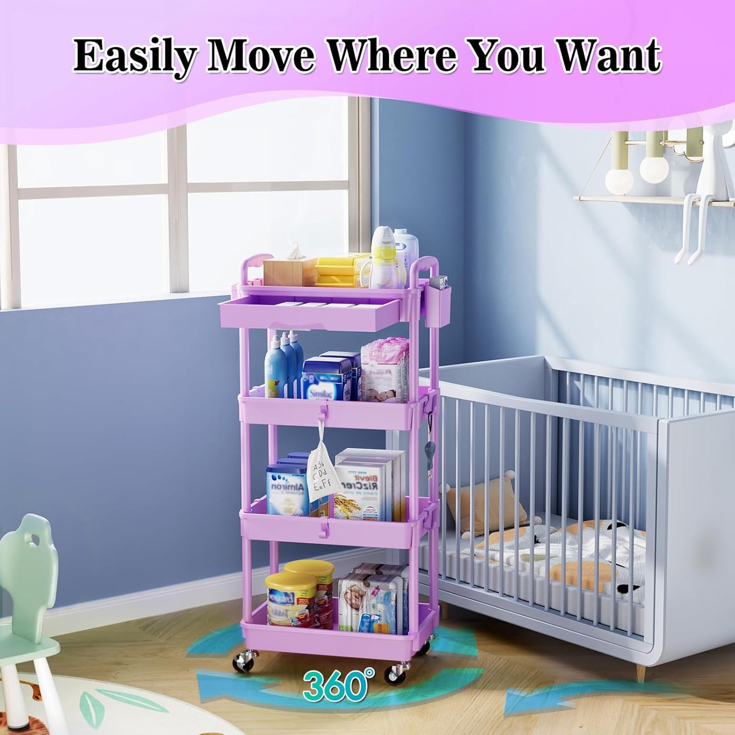 SUNALLY 3 Tier Rolling Cart with Drawer, Bathroom Storage Organizer with 2 Lockable Wheels, Multifunctional Rolling Storage Cart for Bathroom, Kitchen, Office, Craft, Makeup, Baby Essentials, White