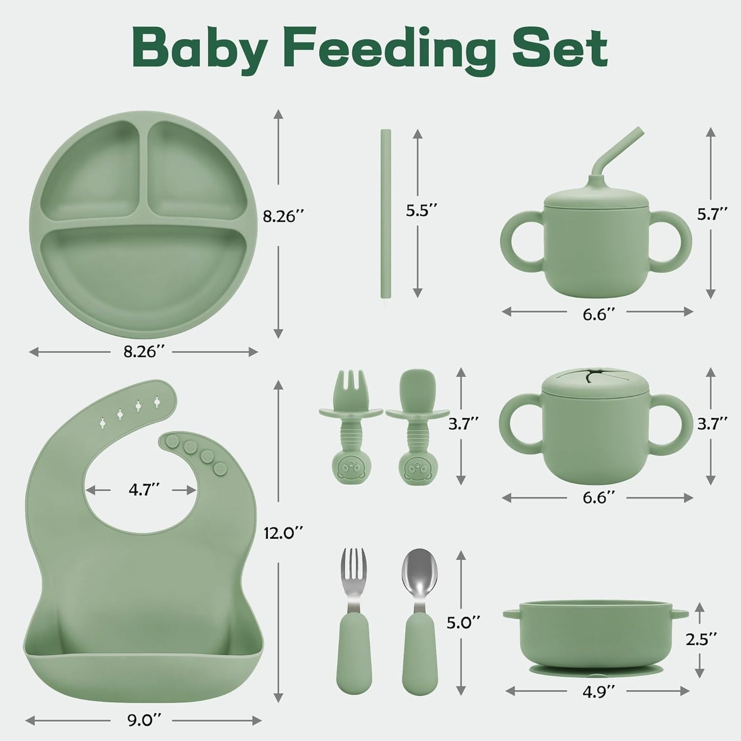Bufims Silicone Baby Feeding Set, Baby Led Weaning Supplies, Eating Essentials Utensils with Suction Plate and Bowl, Pocket Bib, Sippy Cup with Lid, Forks Spoons Snack Container, for 6+ Months, Green