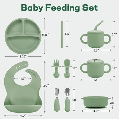 Bufims Silicone Baby Feeding Set, Baby Led Weaning Supplies, Eating Essentials Utensils with Suction Plate and Bowl, Pocket Bib, Sippy Cup with Lid, Forks Spoons Snack Container, for 6+ Months, Green