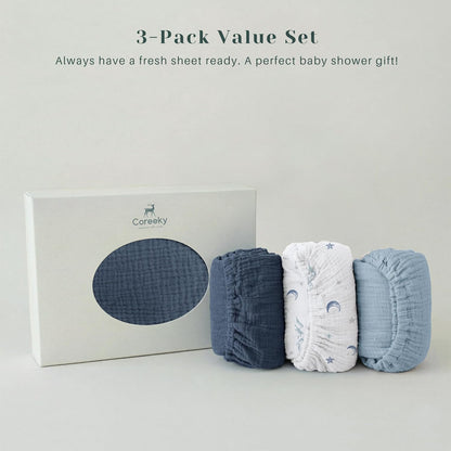 Muslin Bedside Sleeper Bassinet Fitted Sheets, 3 Pack Cotton Baby Sheet for Boys & Girls, Soft, Compatible with Baby Delight, Dream On Me, AMKE and Other Rectangle Mattress (Nightfall Blue)
