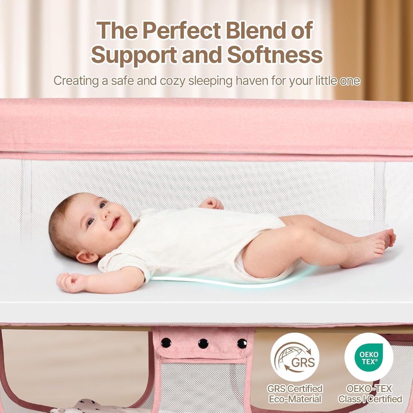 Baby Bassinet, 3 in 1 Infant Bassinet Bedside Sleeper, Bassinet with Cover, Rocking Bedside Bassinet for Baby with Storage Basket, Foldable & Adjustable Travel Crib (Light Pink)