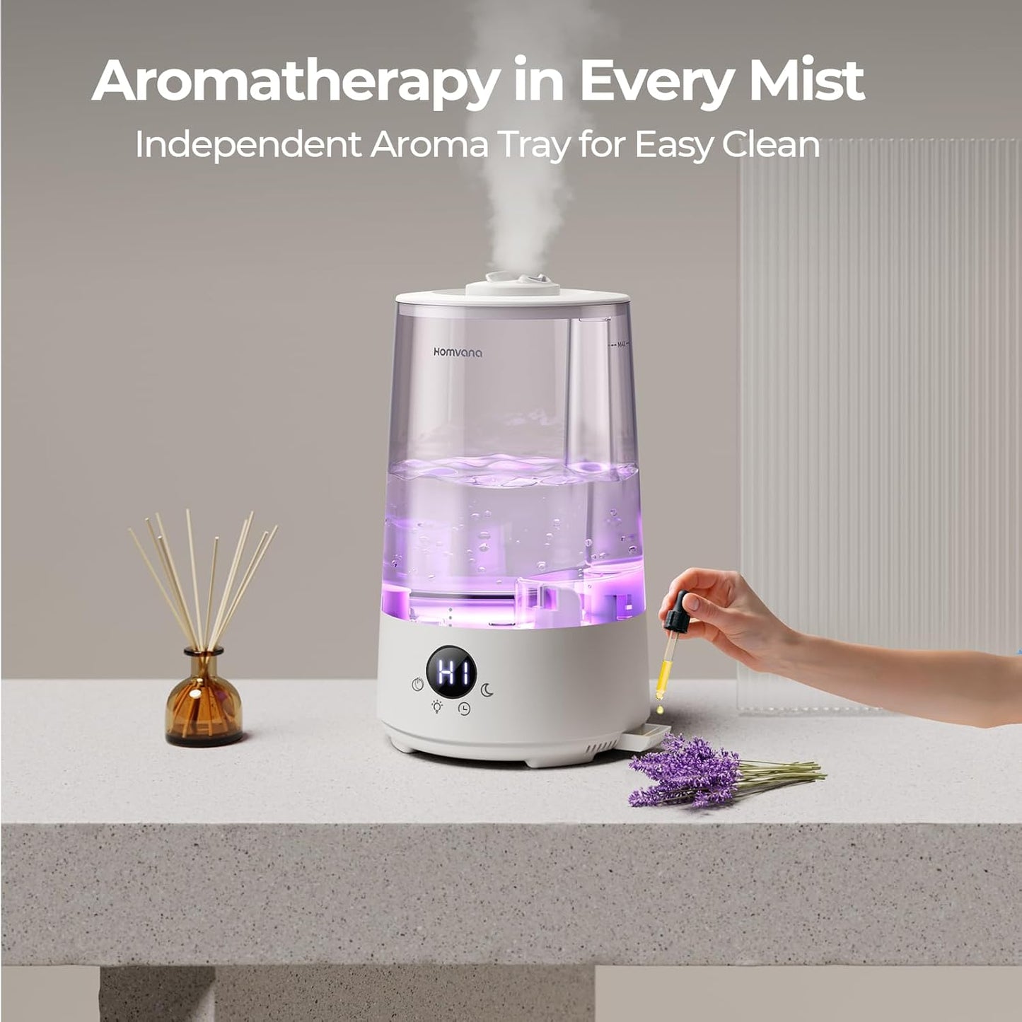 Homvana Humidifiers for Bedroom Home, 3.6 L Cool Mist Top-Fill 34H Super Long Time, Quiet 23dB, Baby Humidifier, Oil Diffuser for Large Room, House, Plant, Nursery, Office, BPA FREE, Ultrasonic (Grey)