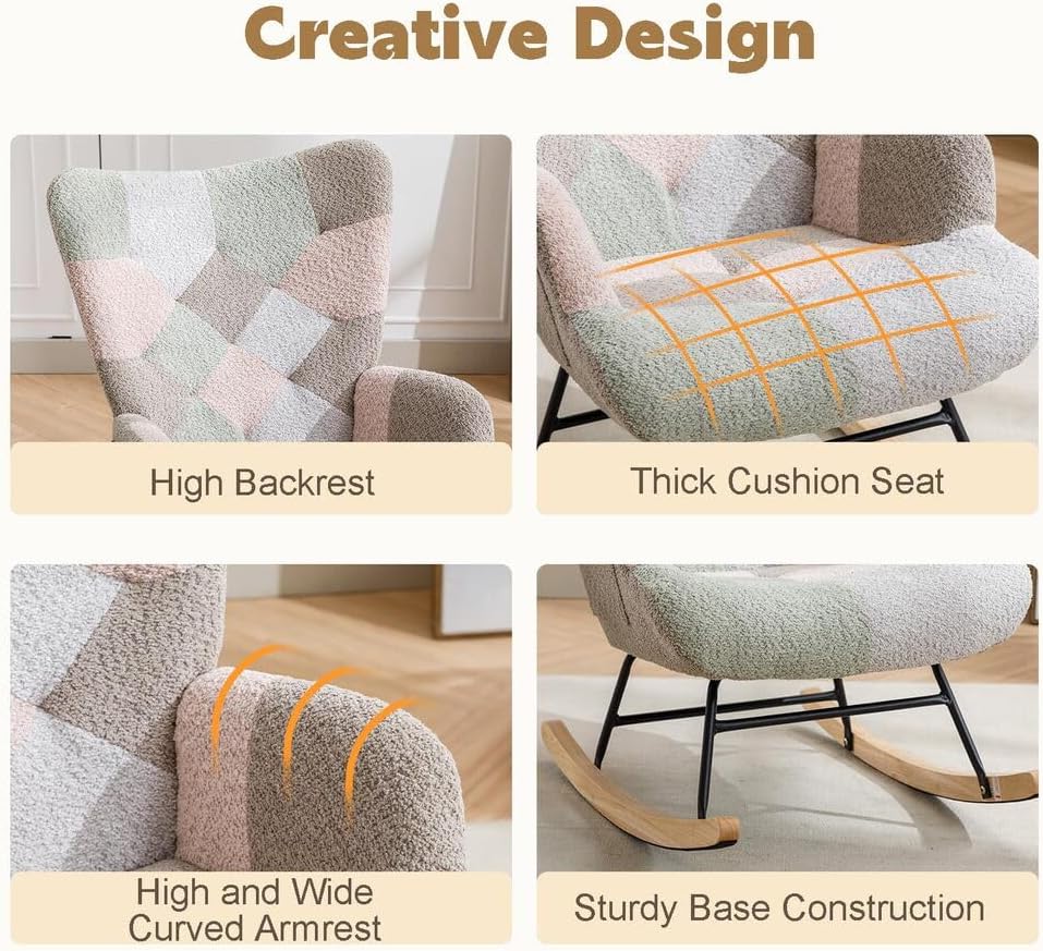 Nursery Rocking Chair Teddy Upholstered Glider Rocker Rocker Accent Chair with High Backrest Armchair Comfy Side Pocket Modern Rocking Accent Chairs for Living Room, Nursery, Office-Green