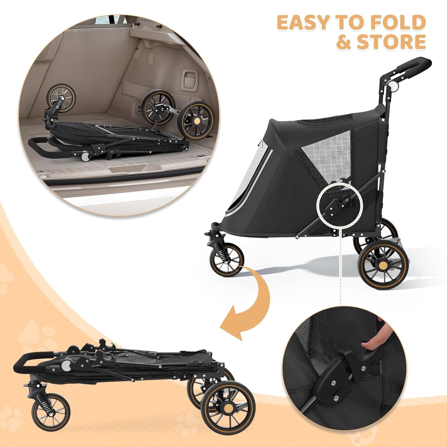 Magshion Compact Pet Stroller for Small-Medium Dogs/Cats up to 22lbs, 4-Wheel Lightweight Umbrella Shaped Portable Puppy Travel Jogger with Breathable Mesh, Cup Holder & Rear Storage, Black