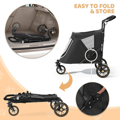 Magshion Compact Pet Stroller for Small-Medium Dogs/Cats up to 22lbs, 4-Wheel Lightweight Umbrella Shaped Portable Puppy Travel Jogger with Breathable Mesh, Cup Holder & Rear Storage, Black