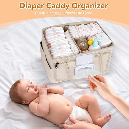 Volnamal Diaper Caddy with Wipe Dispenser One-Handed Access, Premium Diaper Organizer, Portable Car Organizer Nursery Basket for Newborn Essentials, Baby Registry Must Haves for Boys & Girls,Grey