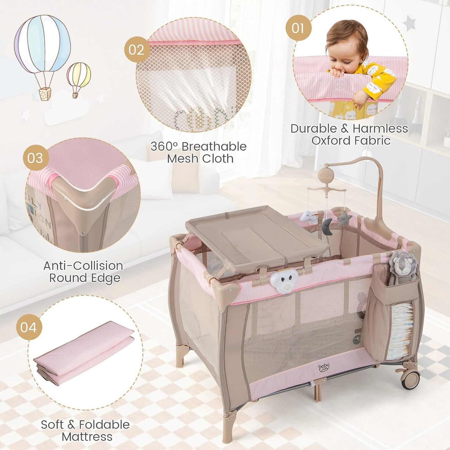 Costzon 3 in 1 Pack and Play with Bassinet, Portable Baby Playard with Changing Table, Music Box, Whirling Toys, Wheels/Brake, Basket, Foldable Infant Bassinet Crib for Baby Toddlers Indoor Outdoor
