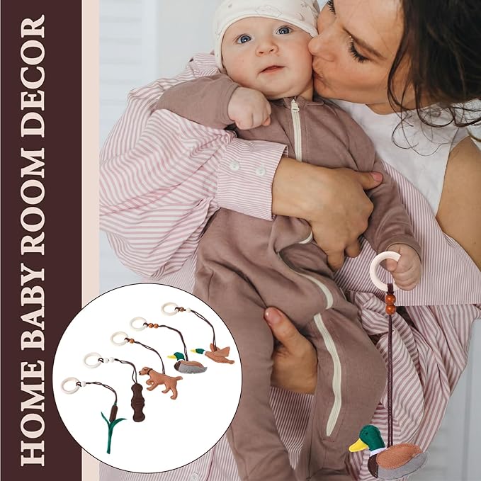 Simgoing 5 Pcs Baby Gym Hanging Toys Baby Wooden Felt Sensory Toys Wooden Activity Pendant for Home Nursery Decoration