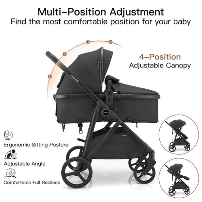 Gromast 3-in-1 Baby Stroller, Convertible Stroller for Newborn Infant Toddler with Reversible Seat, UPF 50+ Canopy & Cup Holder - Black