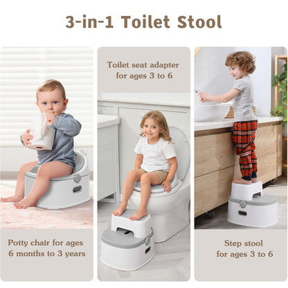 3-in-1 Potty Training Toilet, Portable Potty, Potty Training Seat and Toddler Step Stool, Easy Setup and Clean, Anti-Slip Toddler Potty Trainer for Boy Girl,Grey