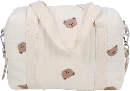 SUNGOOYUE Baby Stroller Storage Bag, Large Capacity Hanging Organizer with Zipper Pockets Cotton Stroller Bag for Mom Essentials Diapers Toys (Bear Bag)