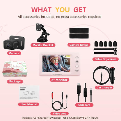 Baby Car Camera USB with No.1 Clarity, 5'' HD 1080P IPS Baby Car Monitor with 3X Zoom, Backseat/Carseat/Rear Seat Camera with Ultra Night Vision, Easy No-Damage Install, S100P(5inch Black)