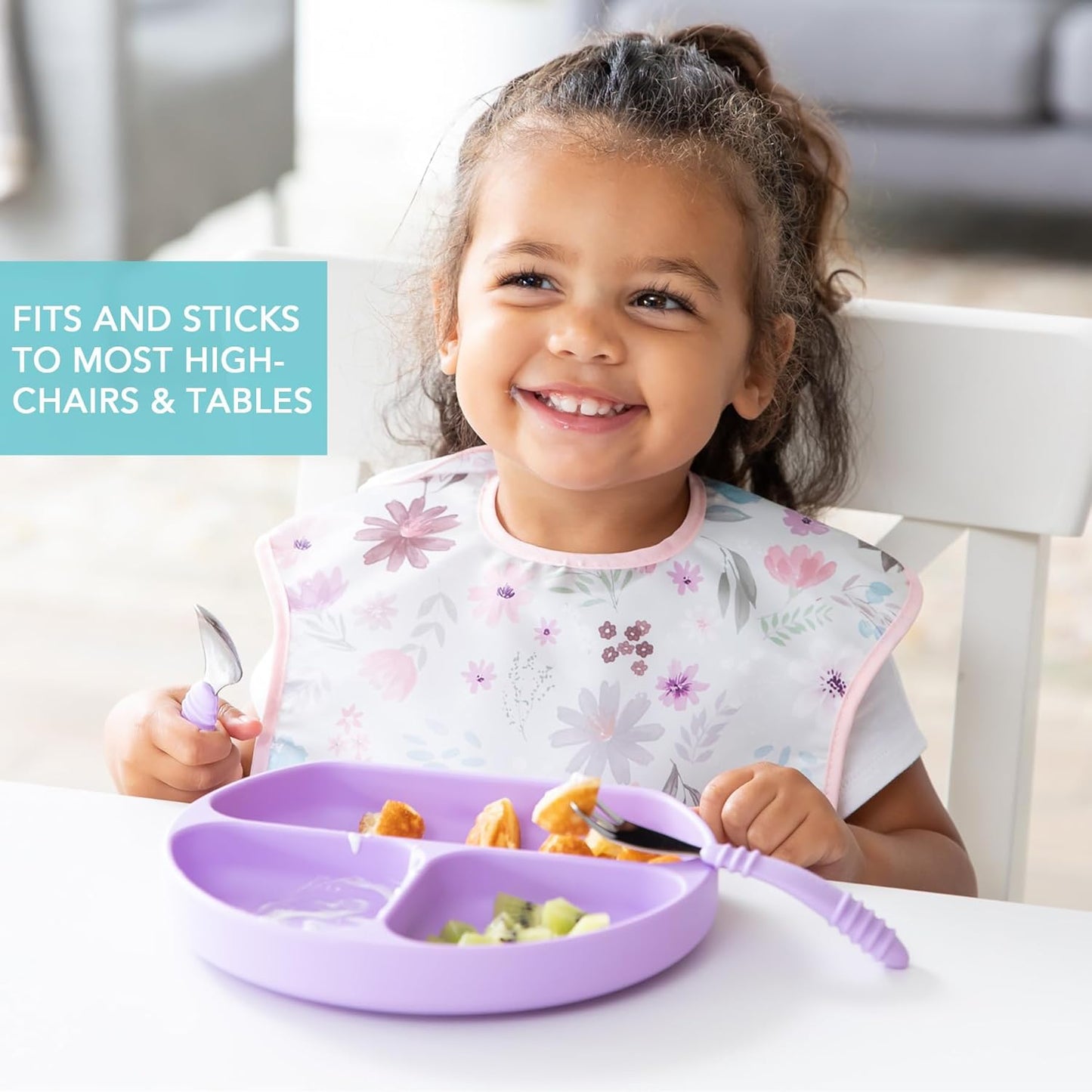 Bumkins Toddler and Baby Suction Plate, Divided Grip Dish for Babies and Kids, Baby Led Weaning, Feeding Supplies, Sticks to Tables and Highchairs, Platinum Silicone, for Chidren 6 Months, Gray