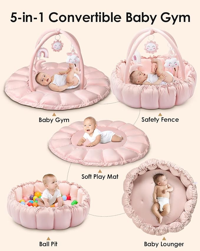 5-in-1 Convertible Baby Gym Play Mat with Hanging Toys, Soft Padded Activity Center & Ball Pit, Plush Tummy Time Mat for Newborns to Toddlers, Machine Washable, Pink
