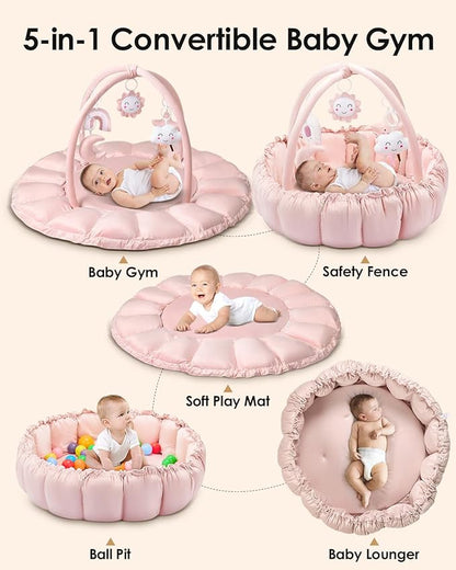 5-in-1 Convertible Baby Gym Play Mat with Hanging Toys, Soft Padded Activity Center & Ball Pit, Plush Tummy Time Mat for Newborns to Toddlers, Machine Washable, Pink