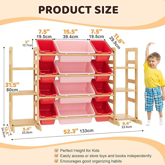 Large Toy Storage Organizer Kids Toy Organizer and Bookshelf Combo with 12 Bins and 6 Shelves Toy Organization Box Toy Shelf for Playroom, Bedroom, Nursery
