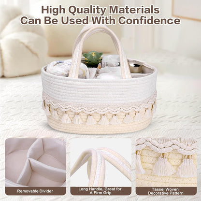 Diaper Caddy Organizer, Stylish Nursery Storage Basket, Baby Shower Basket with Tassel Decorative Appearance, Portable Storage Basket Suitable for Family and Car Travel (Grey)