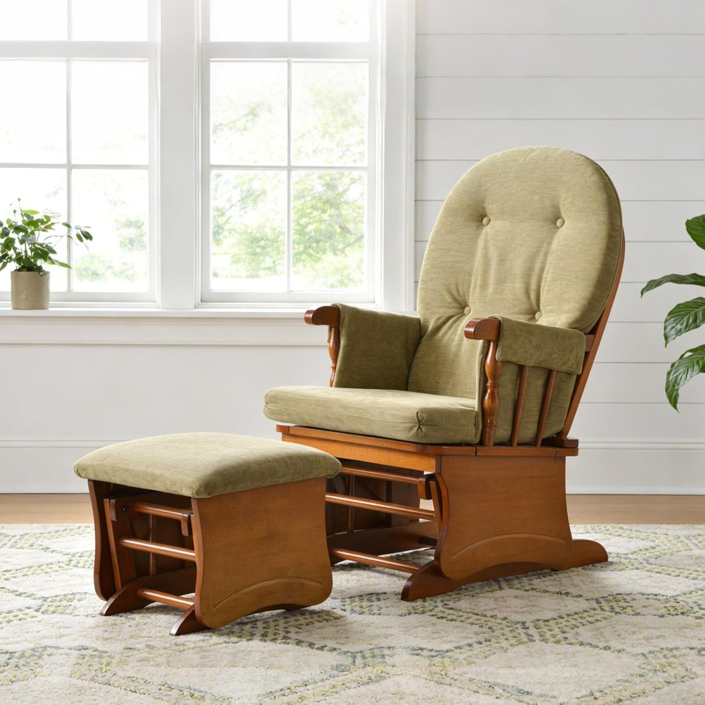 Rustic Rubber Wood Glider and Ottoman Set, Nursery Glider Chair for Breastfeeding and Relaxing, Comfortable Rocking Chair for Living Room and Bedroom（Tan）