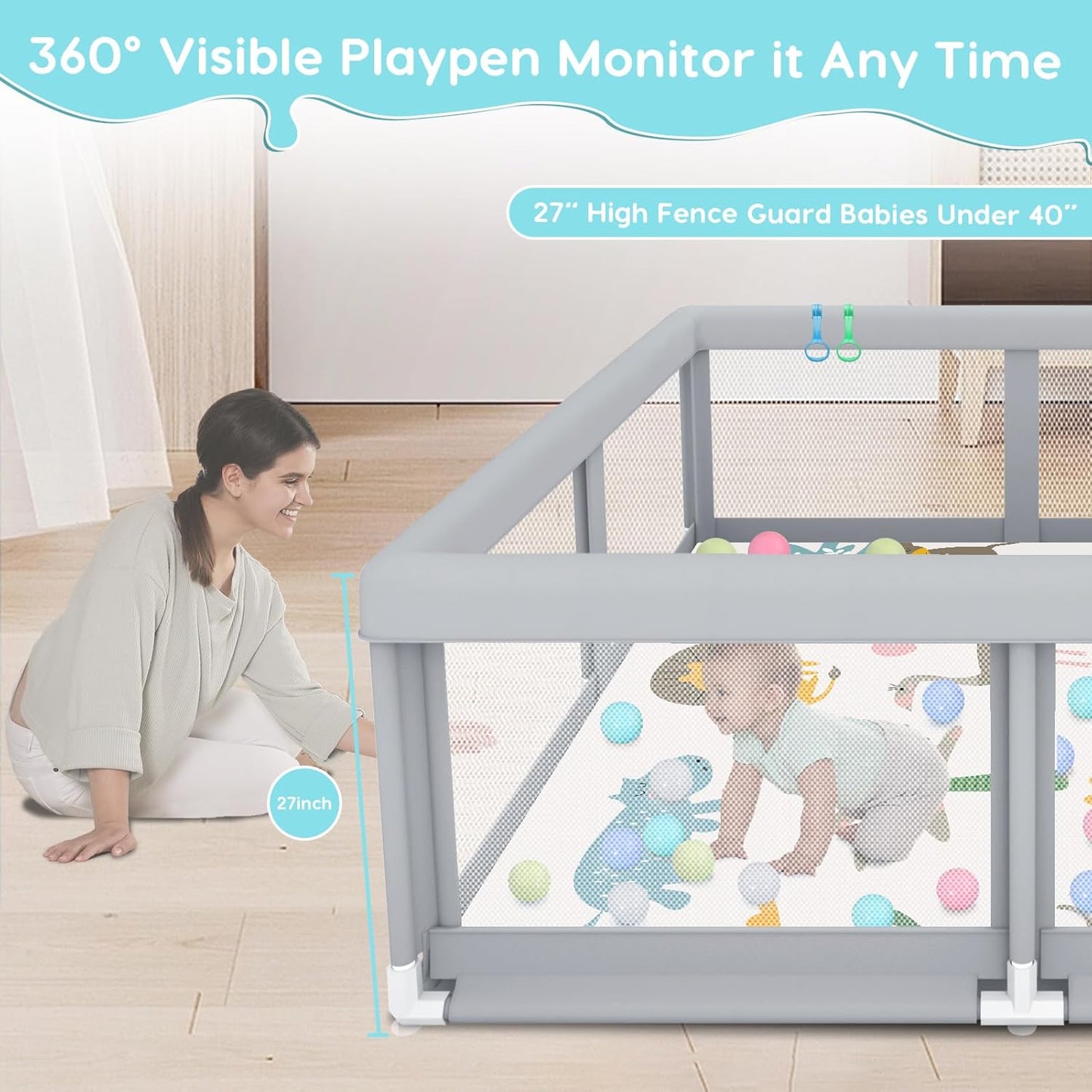 Fshibila 74" ×50" Large Baby Playpen, Baby Playard for Babies and Toddlers, Baby Fence Play Pens for Indoor & Outdoor, Sturdy Safety Play Yard with Soft Breathable Mesh, Anti-Fall, Grey