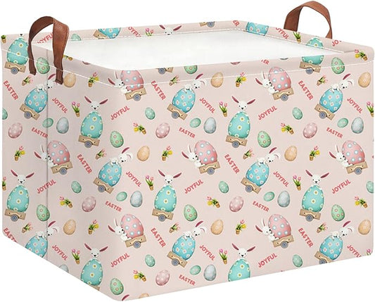 Rectangle Pink Rabbit Easter Basket with Handles,Collapsible Kids Toys Bin,Cute Baby Storage Basket,Books Box,Gift Basket(Pink Rabbit Easter Basket)