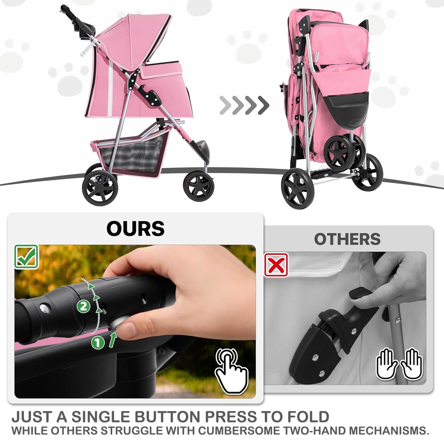 MoNiBloom Foldable Pet Stroller with Weather Cover, 3 Wheels Pet Strolling Cart for Small/Medium Dogs and Cats with Storage Basket and Cup Holder, Breathable and Visible Mesh for All-Season, Black