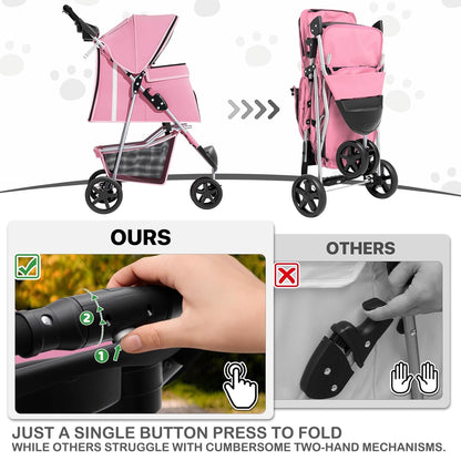 MoNiBloom Foldable Pet Stroller with Weather Cover, 3 Wheels Pet Strolling Cart for Small/Medium Dogs and Cats with Storage Basket and Cup Holder, Breathable and Visible Mesh for All-Season, Black