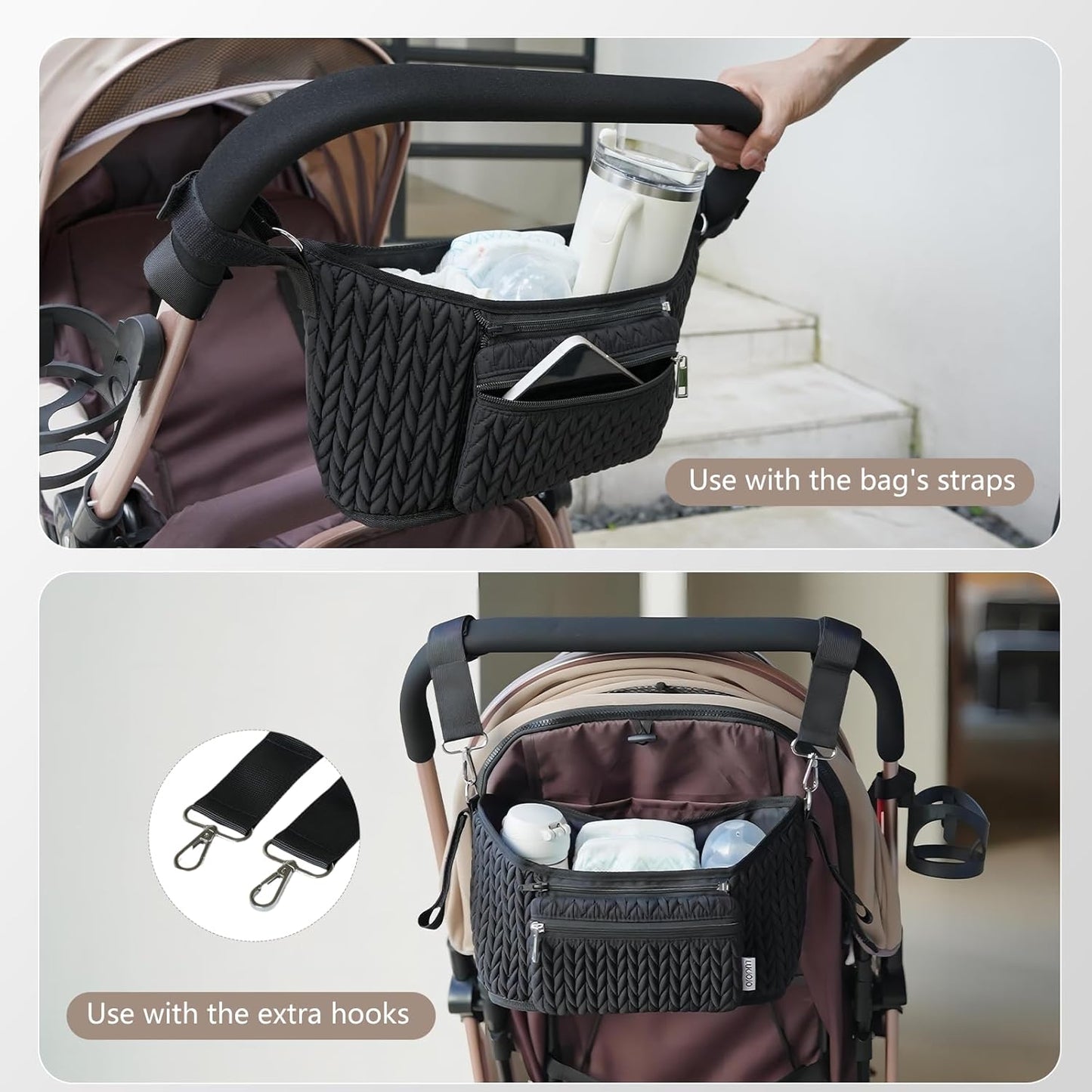 Stroller Organizer With Insulated Bottle Holder- Universal Fit, Detachable Bag, Fit For Most Of The Stroller And Pet Stroller (Black-B)