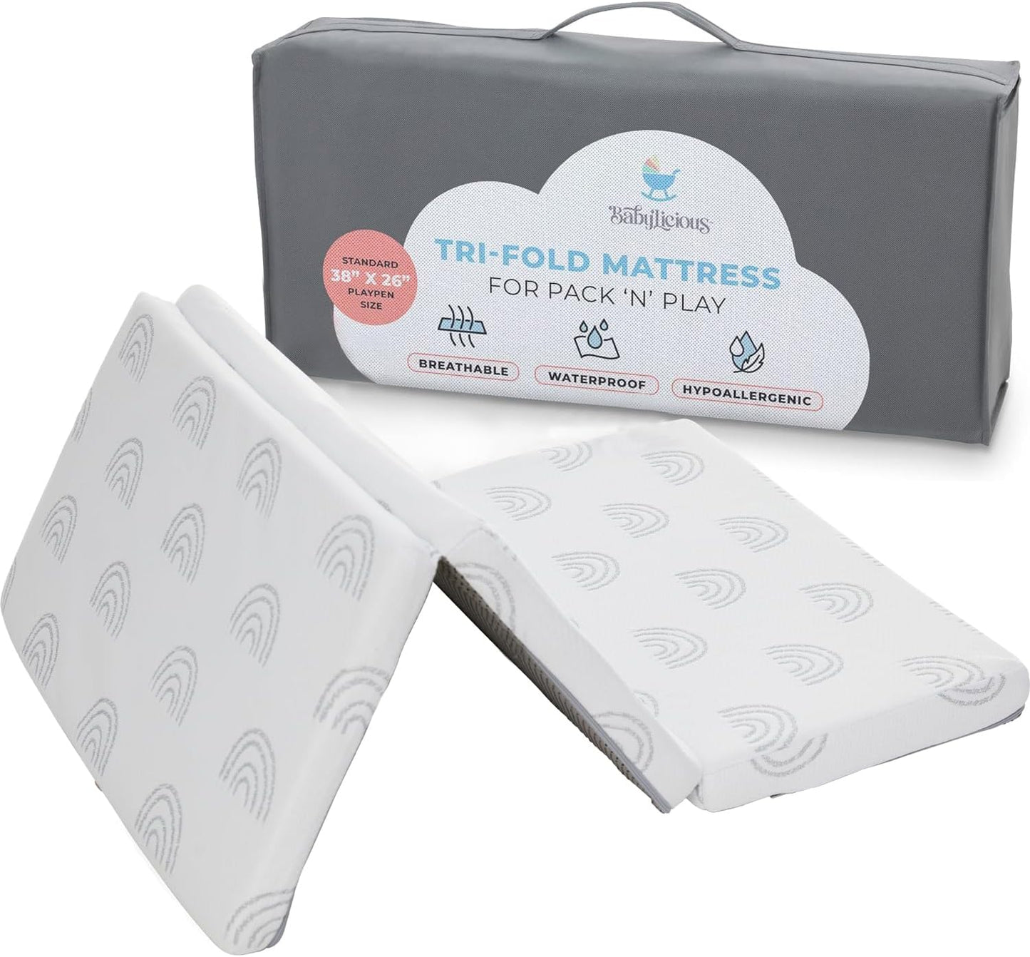 Waterproof Pack and Play Mattress Topper - 38" x 26" | Trifold Style - Breathable Soft Plush Foam - Portable Playard Mattress Topper- Baby Foam Playpen Mattresses for Babies - Boho Rainbow Design