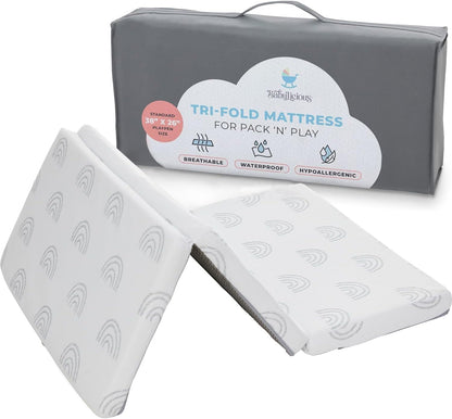 Waterproof Pack and Play Mattress Topper - 38" x 26" | Trifold Style - Breathable Soft Plush Foam - Portable Playard Mattress Topper- Baby Foam Playpen Mattresses for Babies - Boho Rainbow Design