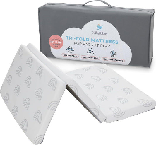 Waterproof Pack and Play Mattress Topper - 38" x 26" | Trifold Style - Breathable Soft Plush Foam - Portable Playard Mattress Topper- Baby Foam Playpen Mattresses for Babies - Boho Rainbow Design