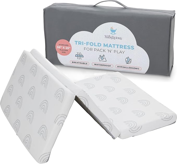 Waterproof Pack and Play Mattress Topper - 38" x 26" | Trifold Style - Breathable Soft Plush Foam - Portable Playard Mattress Topper- Baby Foam Playpen Mattresses for Babies - Boho Rainbow Design