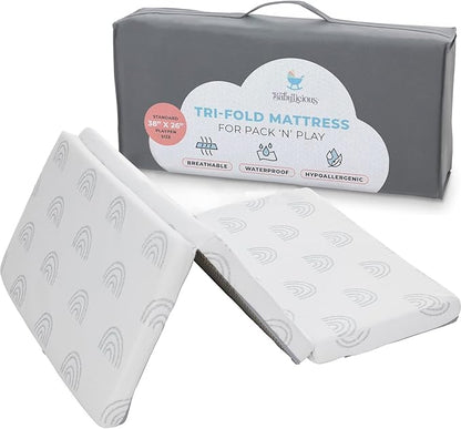 Waterproof Pack and Play Mattress Topper - 38" x 26" | Trifold Style - Breathable Soft Plush Foam - Portable Playard Mattress Topper- Baby Foam Playpen Mattresses for Babies - Boho Rainbow Design