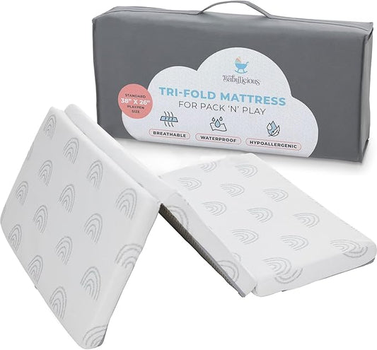 Waterproof Pack and Play Mattress Topper - 38" x 26" | Trifold Style - Breathable Soft Plush Foam - Portable Playard Mattress Topper- Baby Foam Playpen Mattresses for Babies - Boho Rainbow Design