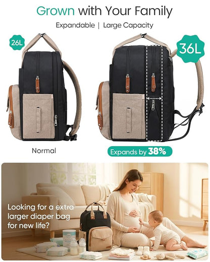 Qualyphant Extra Large Diaper Bag Backpack for Two Kids Twins - Expandable Baby Bag (26-36L), Dual Big Compartments - Includes Changing Pad & Stroller Straps, Unisex Black Khaki