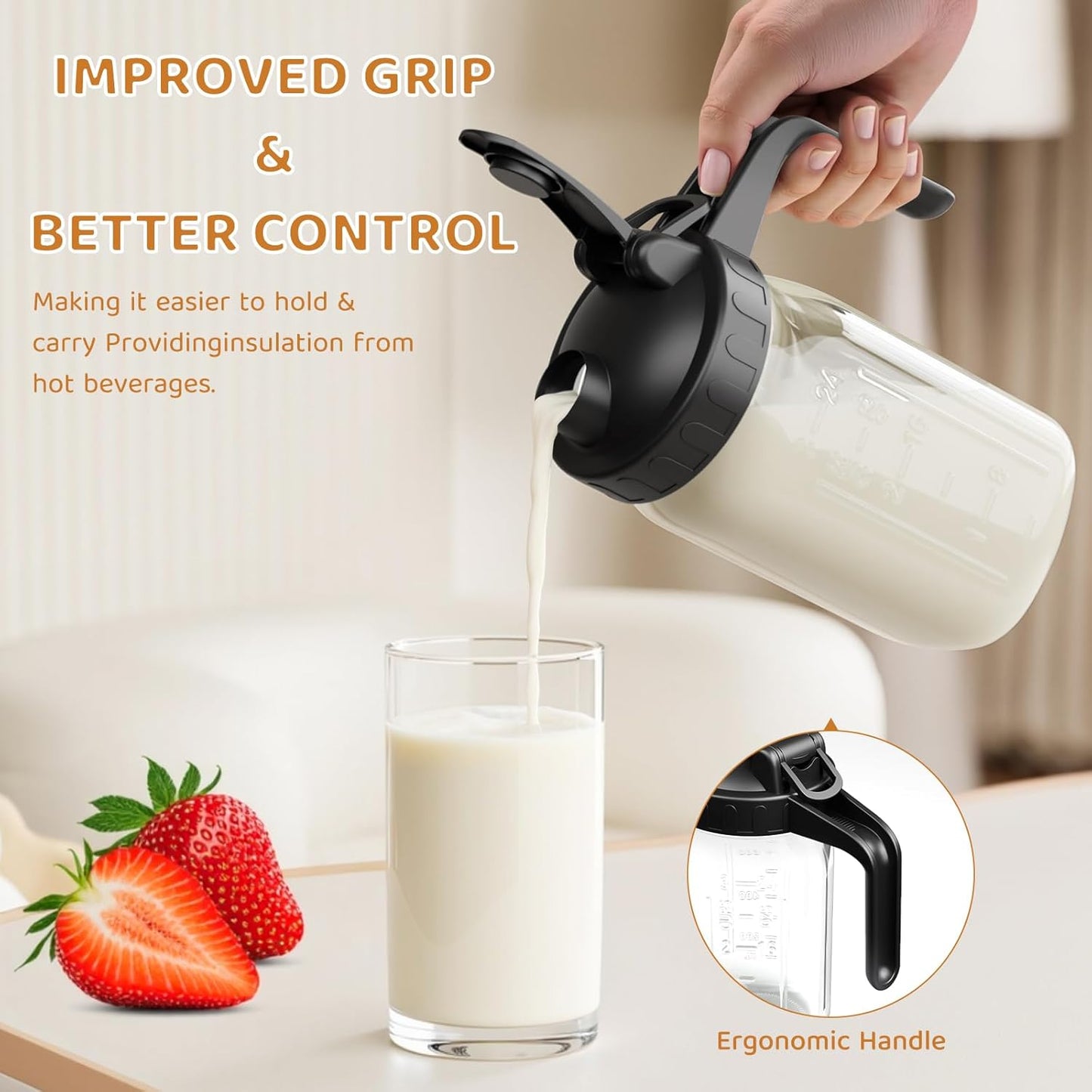 OneDream Breast Milk Pitcher 32oz Glass Pitcher with Lid, Formula Pitcher Leakproof Drip-Free Spout, Wide Mouth Mason Jar Pitcher for Easy Pouring, Dishwasher Safe Breastmilk Storage Pitcher