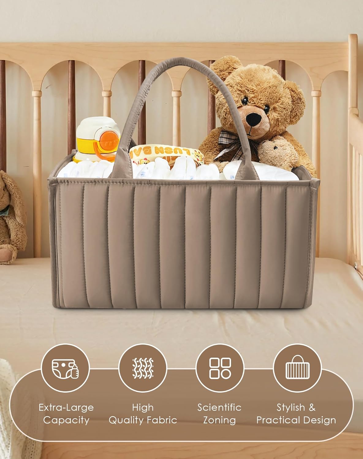 SWEET DOLPHIN 2-Pack Quilted Diaper Caddy Organizer – Premium Puffer Style Nursery Storage Bins – Water-Resistant & Wipeable Changing Table Organizer – Trendy Tote for Home & Car Travel - Mocha Brown