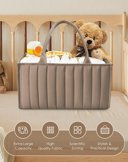 SWEET DOLPHIN 2-Pack Quilted Diaper Caddy Organizer – Premium Puffer Style Nursery Storage Bins – Water-Resistant & Wipeable Changing Table Organizer – Trendy Tote for Home & Car Travel - Mocha Brown
