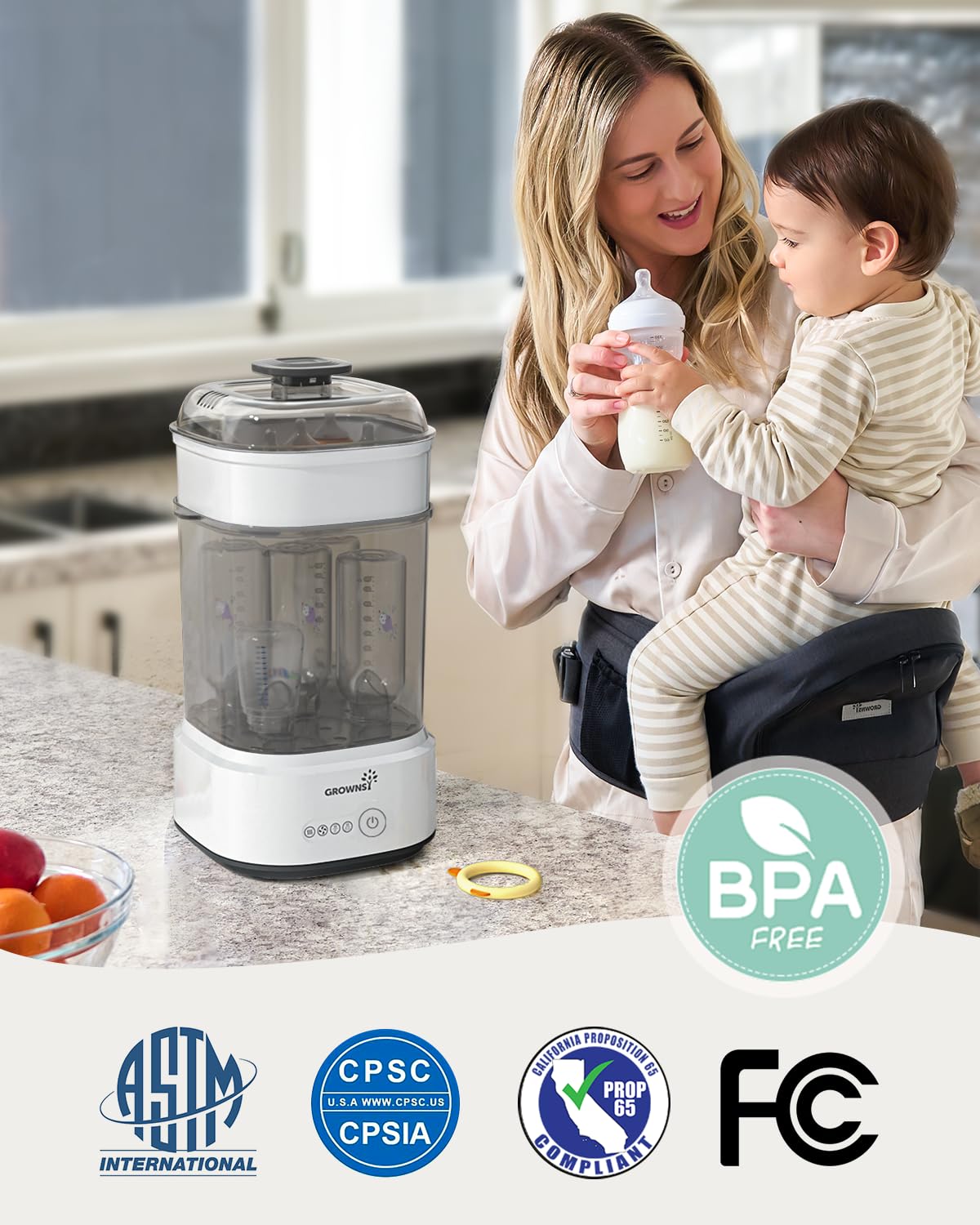 GROWNSY Bottle Sterilizer and Dryer, Compact Electric Steam Baby Bottle Sterilizer (Esterilizador de Biberones), Bottle Sanitizer for Baby Bottles, Pacifiers, Pump Parts