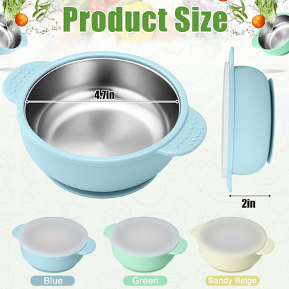 BUSOHA 3 Pack Stainless Steel Baby Bowls with Lid – 2-in-1 Toddler Feeding Bowl Heat-Resistant Spill-Proof Plate Suction Bowls for Kids Baby Toddler Food Feeding