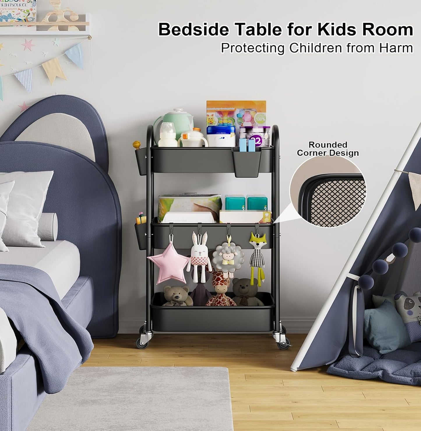 Beige 3 Tier Rolling Cart Metal on Wheels, Three Tiered Storage Organizer Utility Trolley with Wheels for Art, Craft, Baby Diaper Caddy, Snack, Book, Nail, Lash, Cleaning Supplies, Kitchen, Bathroom