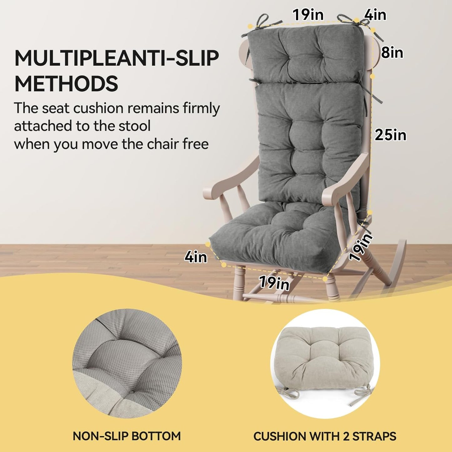 Millsilo Rocking Chair Cushions 3-Piece Set with Neck Pillow, Indoor Rocker Comfortable Tufted Non-Slip Pads with Ties, High-Density Foam Cushion for Adirondack Glider Chair, Orange, 52 x 19 x 4 Inch