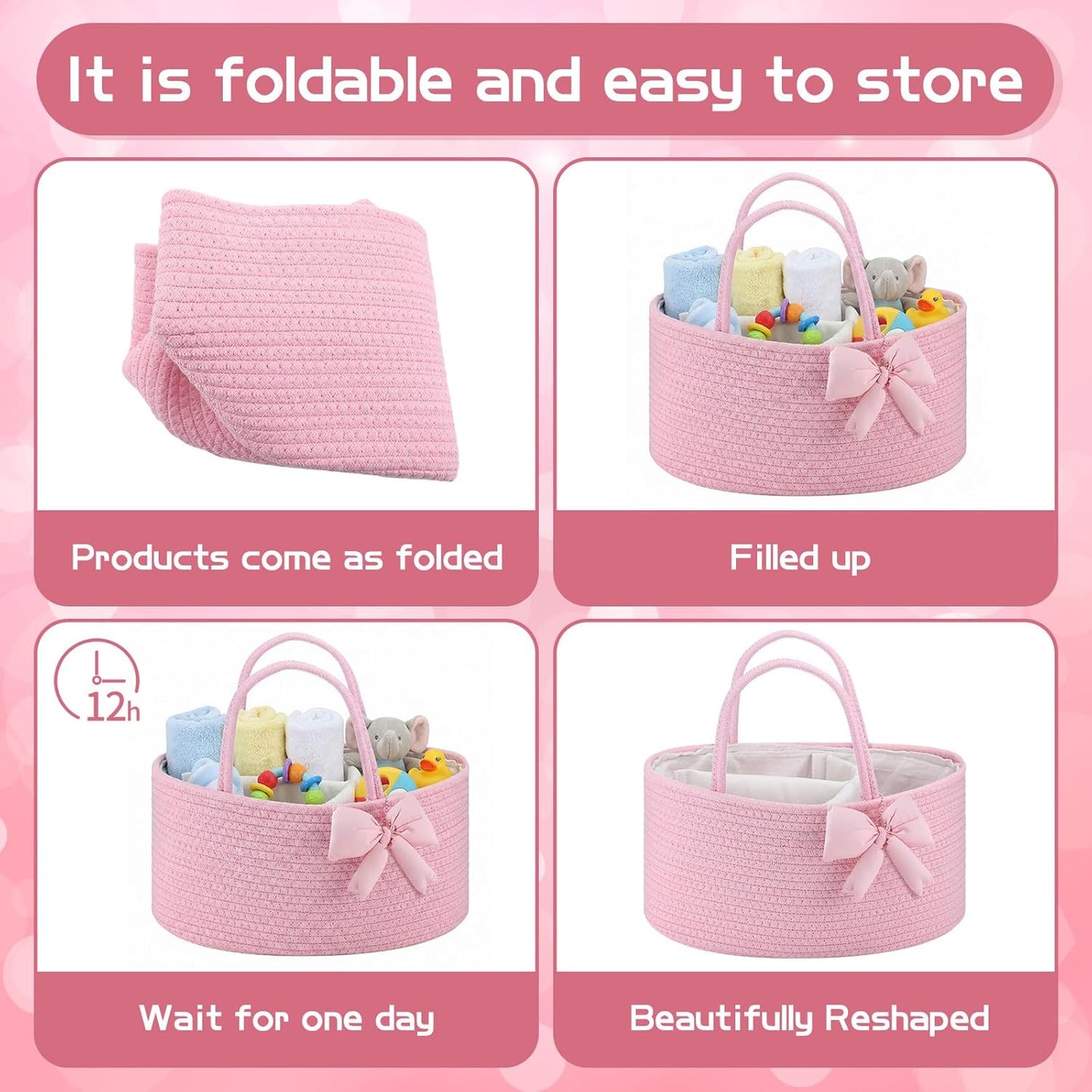 Hushee Pink Bow Baby Diaper Caddy Organizer Baby Gift Bag with Handle Nursery Diaper Basket Organizer for Newborn Boy and Girl Storage Bin for Diapers Wipes New Mom Gift