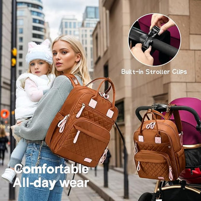 LORADI 18 Pockets Large Diaper Bag Backpack with 4 Insulated Pockets and Stroller Clips, Baby Shower Essentials (Brown, Large)