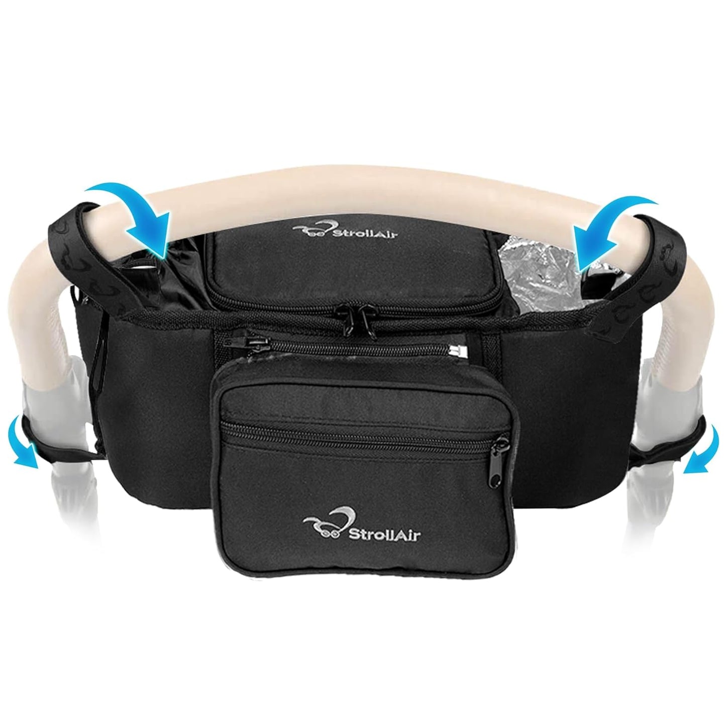 StrollAir Universal Stroller Organizer with Insulated Cup Holder, Stroller Caddy Compatible with Cosmos, Solo, Nuna, Baby Jogger, Bumbleride, Uppababy, Parent Drink Holder Stroller Accessories (Black)