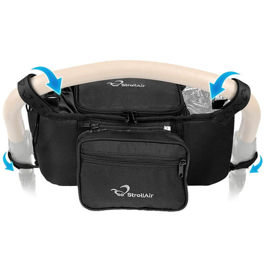 StrollAir Universal Stroller Organizer with Insulated Cup Holder, Stroller Caddy Compatible with Cosmos, Solo, Nuna, Baby Jogger, Bumbleride, Uppababy, Parent Drink Holder Stroller Accessories (Black)