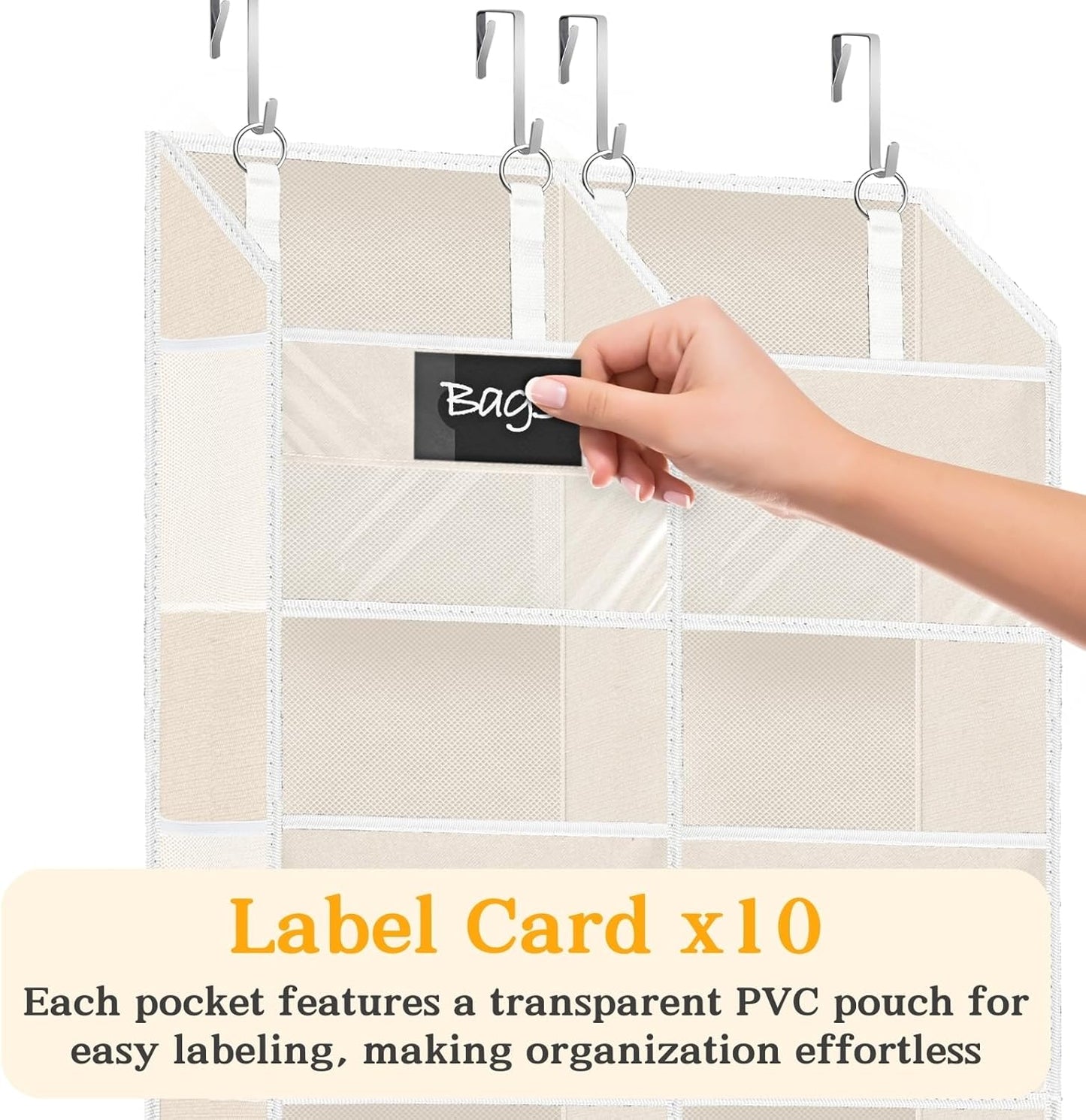 Over The Door Organizer, 5-Tier Extra Large Behind Door Storage with 10 Big Front & 10 Mesh Pockets, 80lb Capacity, Hanging Storage Organizer with Clear Window Kids Toys, Shoes, Diapers, Light Grey