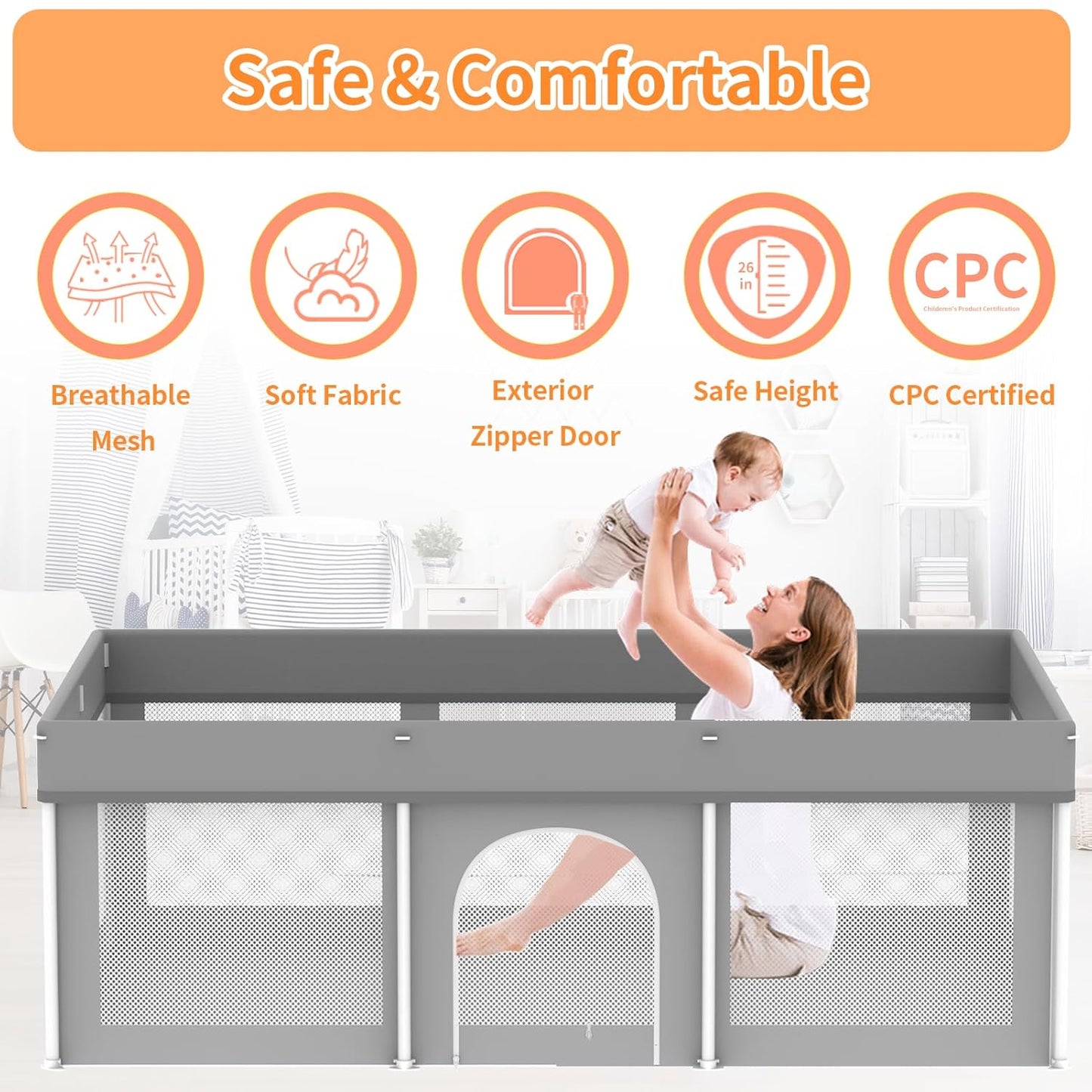 Foldable Large Baby Playpen 71"×71", Portable Playard for Babies & Toddlers, Lightweight Safety Baby Fence, No Installation, Indoor & Outdoor Playpen with 150 Ocean Balls, Beige