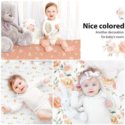 Baby Mini Crib Sheets Girl, Portable 38”x26” Pack and Play Sheets Fitted for Playard and Pack N Play Mattress, 3-Pack Soft Microfiber Pink Rainbow